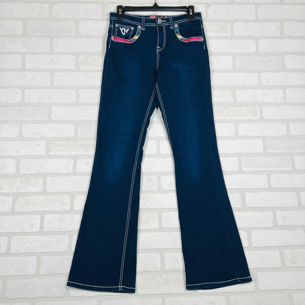 Dark Wash Girls' Flared Jeans with Pink Accent Stretch Denim
